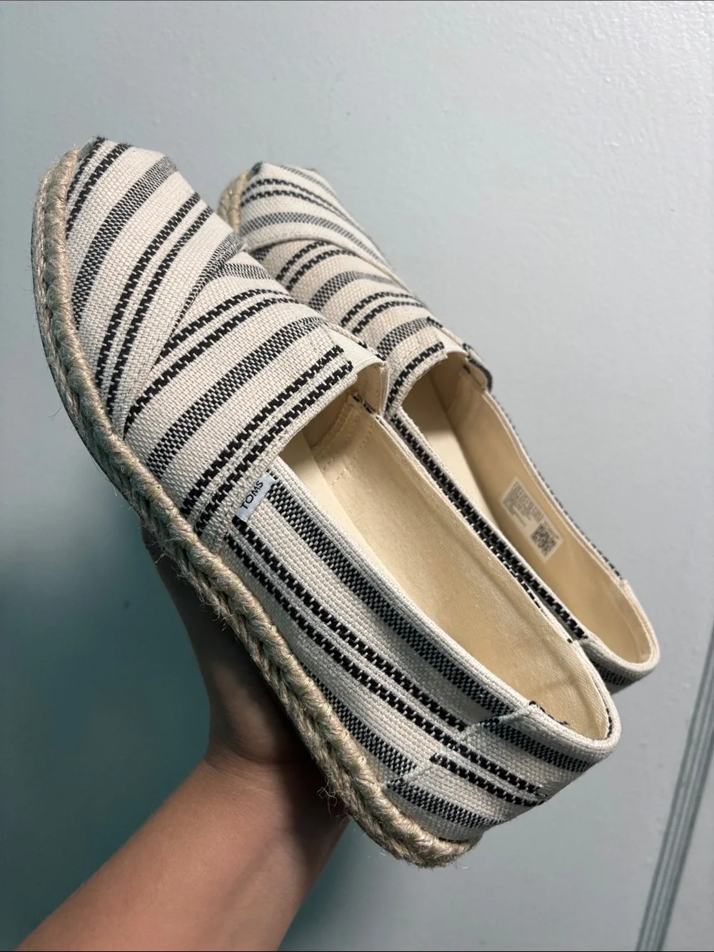 Toms Women’s Cream and Black Striped Canvas Espadrilles